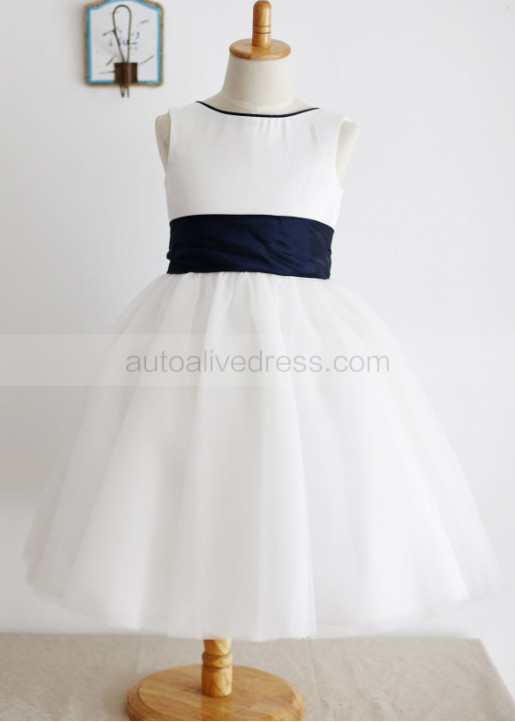 Ivory Satin Tulle Deep V Back Knee Length Flower Girl Dress 